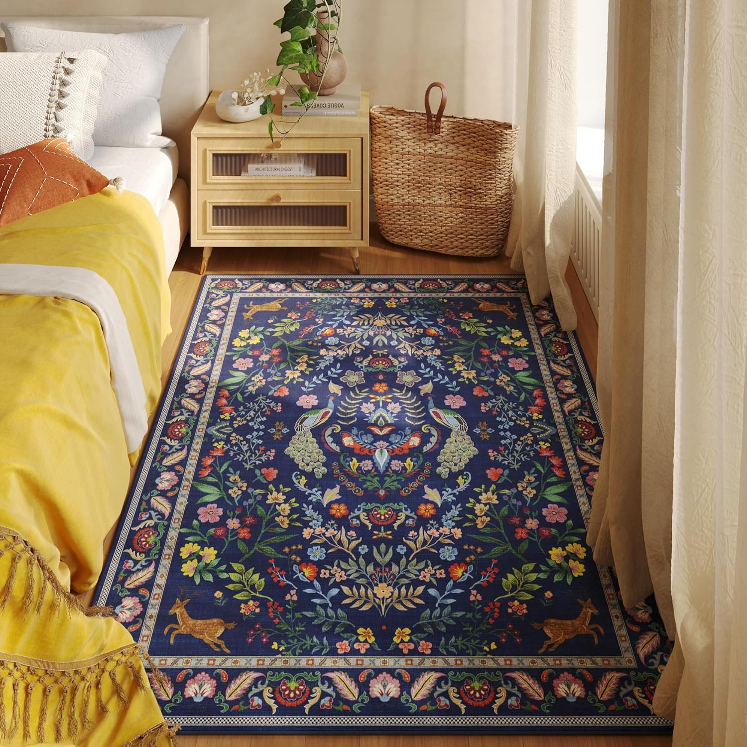 Navy Peacock Deer Floral Area  - đánh giá và giá Retro Gaming Rug